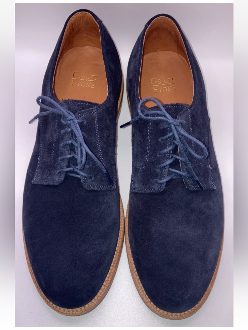 Grant Stone Midnight Navy Blue Suede Buck Derby Shoes 12 E NEW